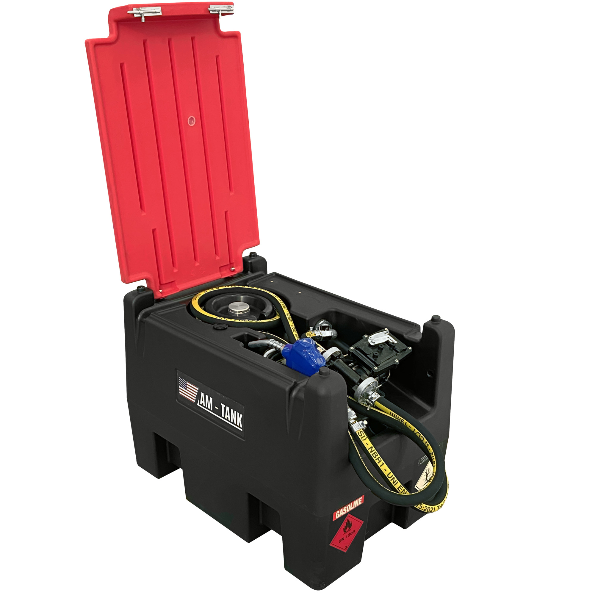 AMERICAN FUEL TANK, Portable 58 gal Gasoline Tank w/ 12V pump, Capacity 58 Gal, Shape Other, Model# AM-TANK58GAS
